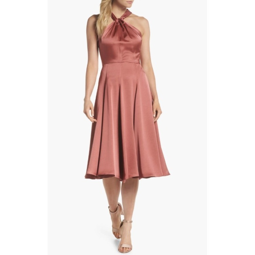 Gal Meets Glam Collection Womens Satin Twist Halter Midi Dress Open Back Pockets